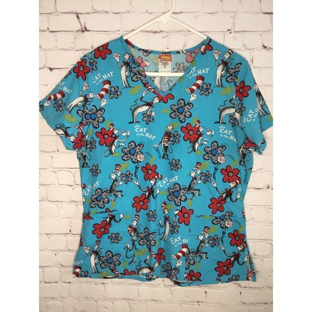 Cherokee Dr Seuss CAT IN THE HAT Women SCRUB TOP Sz M 100% Cotton Blue